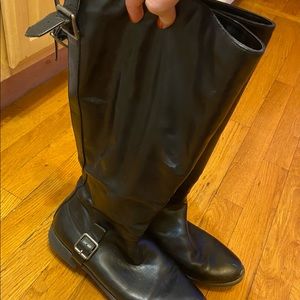 Black faux leather tall riding boots